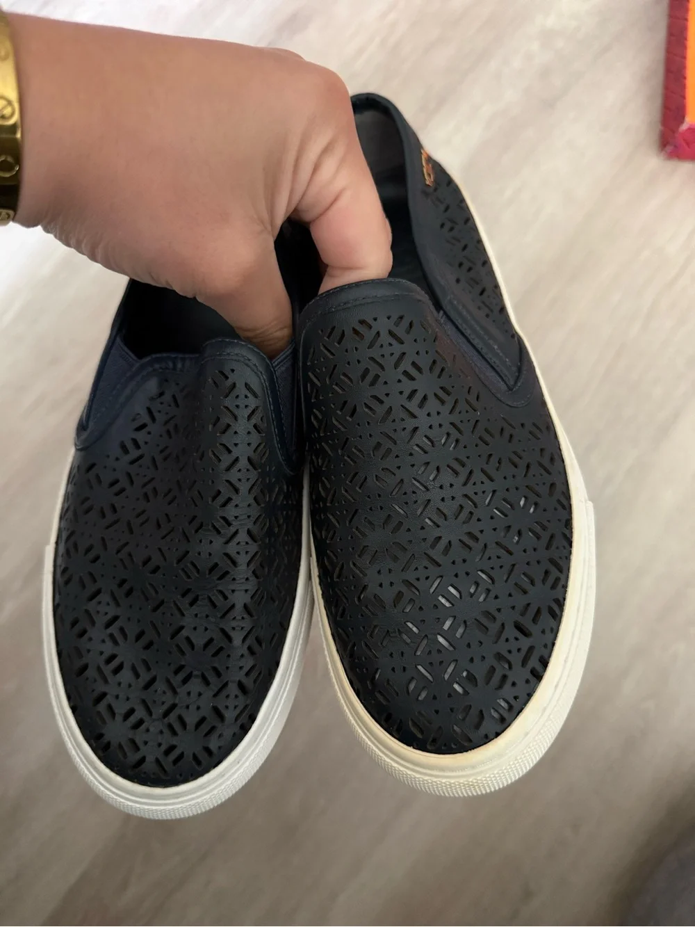 Tory Burch Navy Laser-Cut Slip-On Sneakers with White Sole